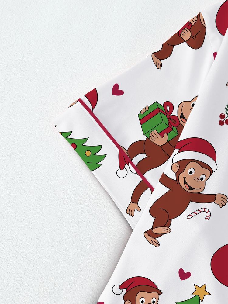 Cute Christmas Monkey Pajama Set, Comfortable Sleepwear for All Seasons, Fitted Cartoon Pattern Nightgown, Ideal Holiday Gift