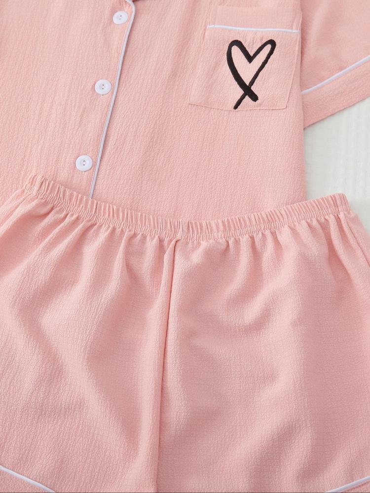 Women's Heart/All Over Fruit Print Contrast Binding Pyjama Set, Short Sleeve Lapel Neck Button Up Top & Elastic Waist Shorts PJ Set, Casual Comfy Loungewear Set for Women