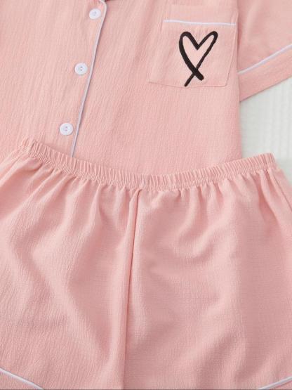 Women's Heart/All Over Fruit Print Contrast Binding Pyjama Set, Short Sleeve Lapel Neck Button Up Top & Elastic Waist Shorts PJ Set, Casual Comfy Loungewear Set for Women