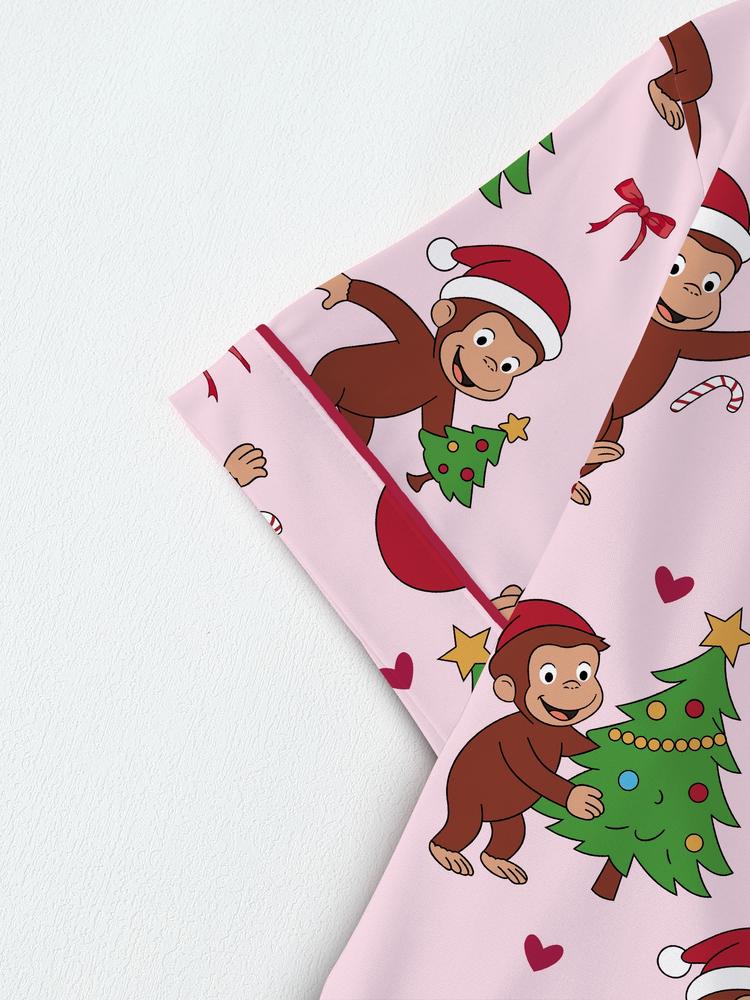 Christmas Cute Monkey Pajama Set, Comfortable Sleepwear for All Seasons, Fitted Cartoon Pattern Nightgown Gift,curious monkey