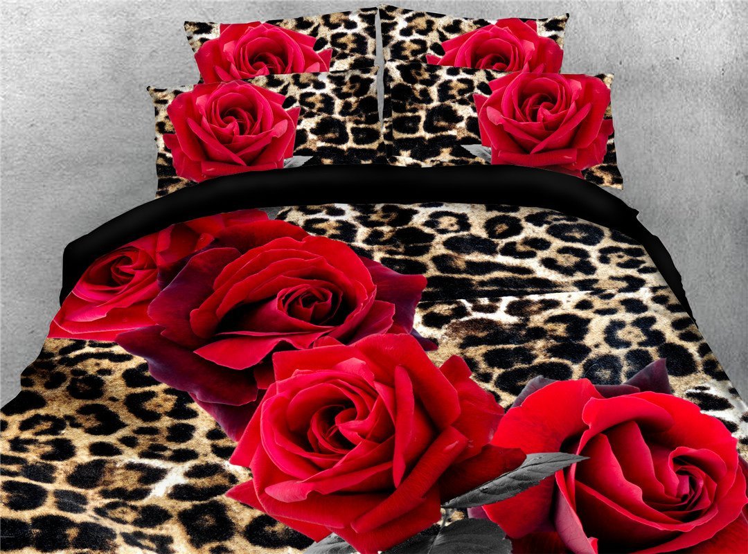 3D Red Rose Leopard Print Duvet Cover Set 4-Piece Bedding Set Comforte