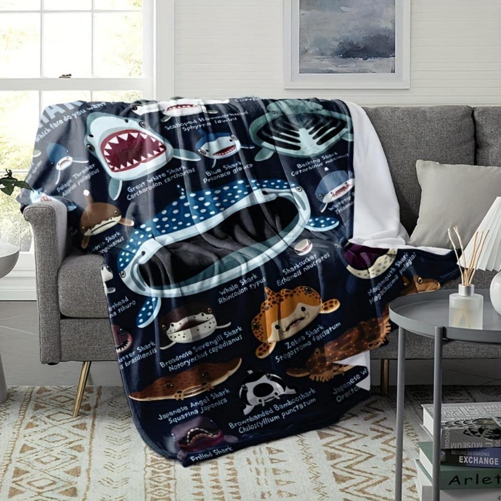 Soft Funny Throw Blanket Coastal Style Shark Faces Flannel All-Season Knitted,Multipurpose For Travel,Camping,Sofa Animal Theme Printed Blanket