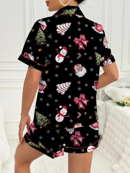 Women's Christmas Pajama Set Two-Piece Sleepwear Short Sleeve Button-Up Top & Shorts Casual Home Wear Comfortable Party