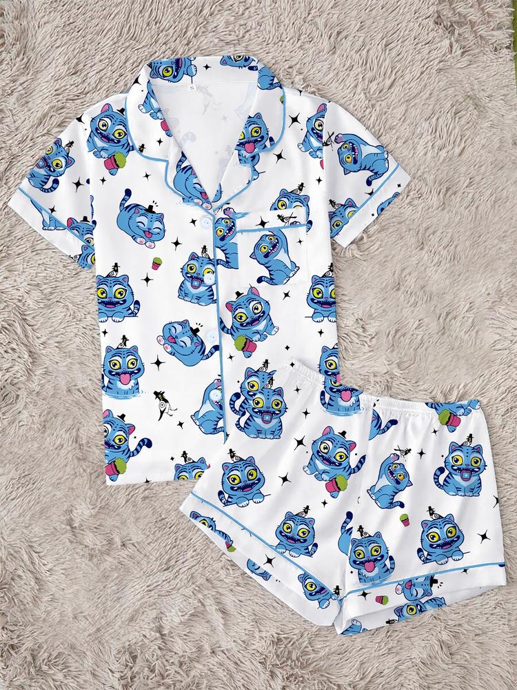 Women's K-Pop Demon Hunter Tiger Pajama Set, Two-Piece Short Sleeve Button-Up Top & Shorts, Comfortable Home Wear, Netflix Fan Gift