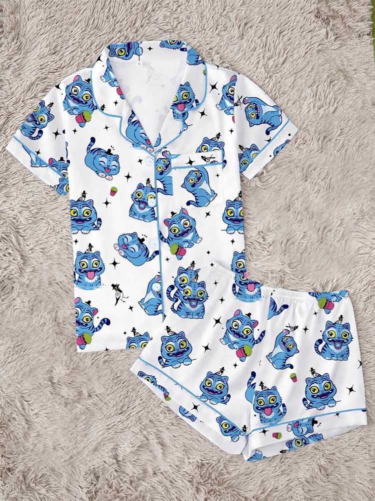 Women's K-Pop Demon Hunter Tiger Pajama Set, Two-Piece Short Sleeve Button-Up Top & Shorts, Comfortable Home Wear, Netflix Fan Gift