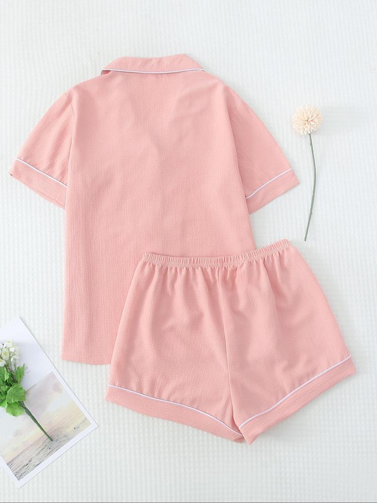 Women's Heart/All Over Fruit Print Contrast Binding Pyjama Set, Short Sleeve Lapel Neck Button Up Top & Elastic Waist Shorts PJ Set, Casual Comfy Loungewear Set for Women