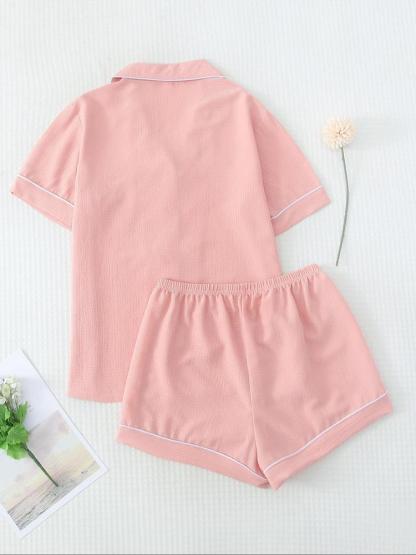 Women's Heart/All Over Fruit Print Contrast Binding Pyjama Set, Short Sleeve Lapel Neck Button Up Top & Elastic Waist Shorts PJ Set, Casual Comfy Loungewear Set for Women