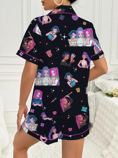 Women's K-Pop Demon Hunter Tiger Pajama Set, Two-Piece Short Sleeve Button-Up Top & Shorts, Comfortable Home Wear, Netflix Fan Gift