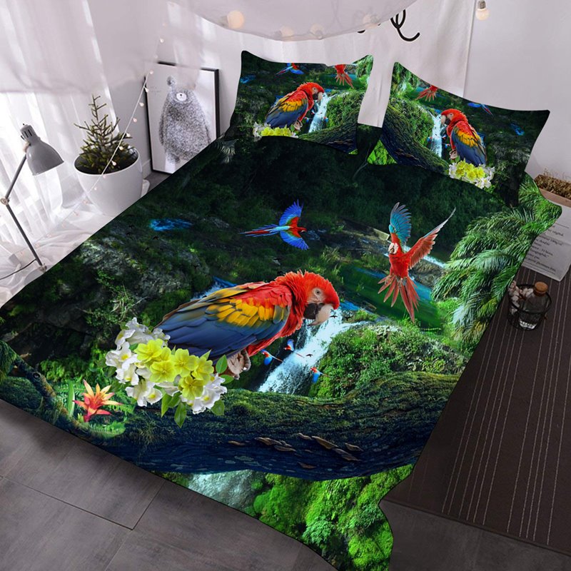 Colorful Parrots 3D Animal Print Comforter 3-Piece Comforter Set with 2 Pillowcases Ultra-soft Warm Microfiber Green Bedding