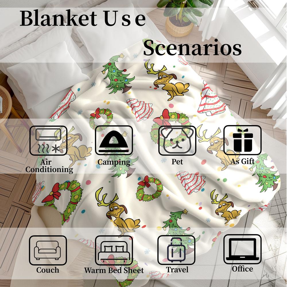 Grinch Max Christmas Flannel Blanket, Trees & Wreaths Design, Background, Soft Warm Festive Throw for Sofa Bed Holiday Decor