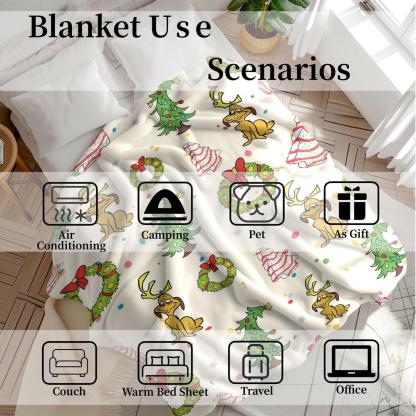 Grinch Max Christmas Flannel Blanket, Trees & Wreaths Design, Background, Soft Warm Festive Throw for Sofa Bed Holiday Decor