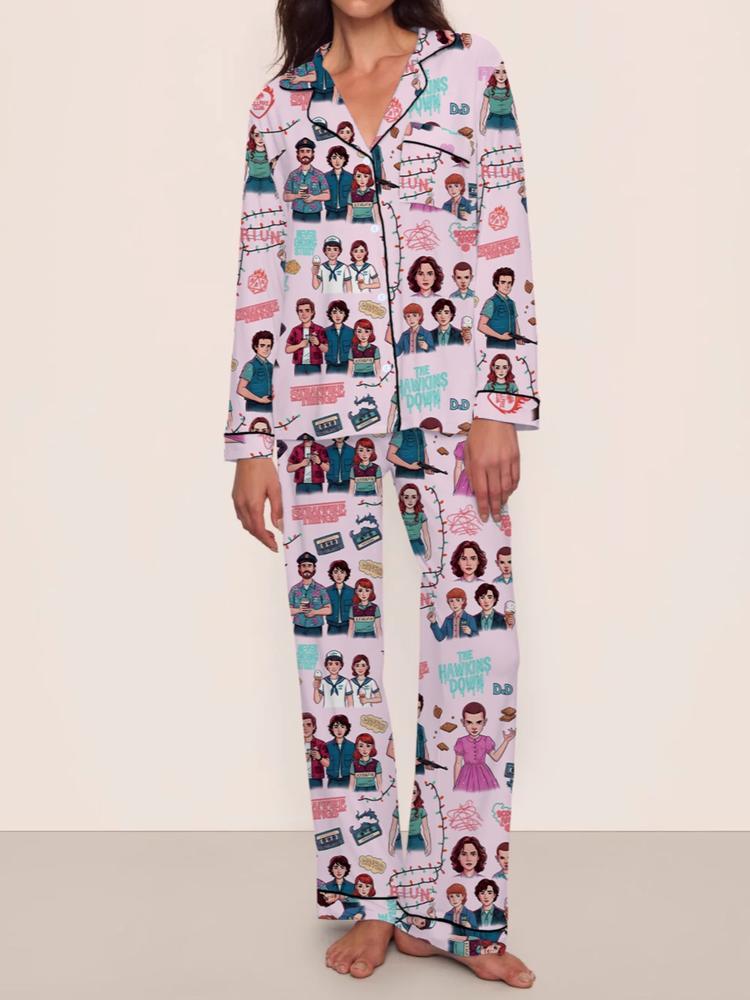 Stranger Things Fall Winter Long Sleeve Pajama Set, Comfortable Sleepwear, Movie Party Gift, netflix fans,Eleven,dusin,max,stranger things S4,upside down,christmas lights