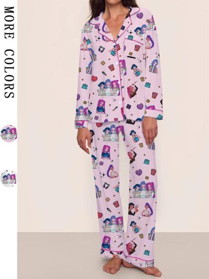 Women's Kpop Demon Hunter Tiger Sleepwear Set, Long Sleeve Button-up Top & Pants, Casual Home Wear, Netflix Fan Gift, Loungewear