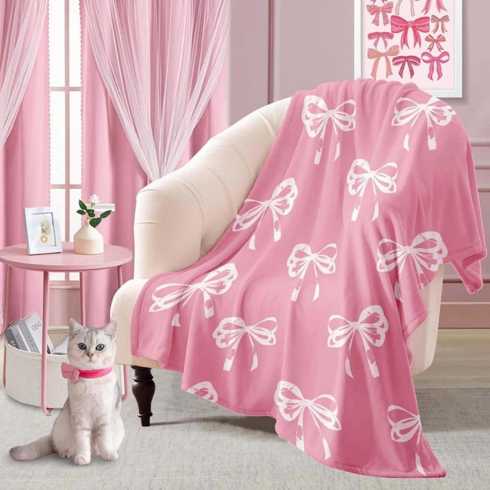 Soft Funny Throw Blanket Cute Pink Bow Coquette Girly Blanket Gifts For Kids Women Teens Flannel Pink Bow Blanket Bedding For Preppy Spring Decor