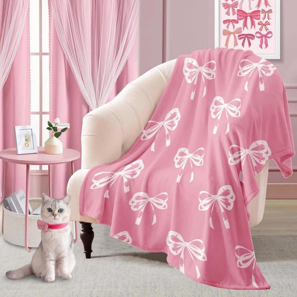Soft Funny Throw Blanket Cute Pink Bow Coquette Girly Blanket Gifts For Kids Women Teens Flannel Pink Bow Blanket Bedding For Preppy Spring Decor