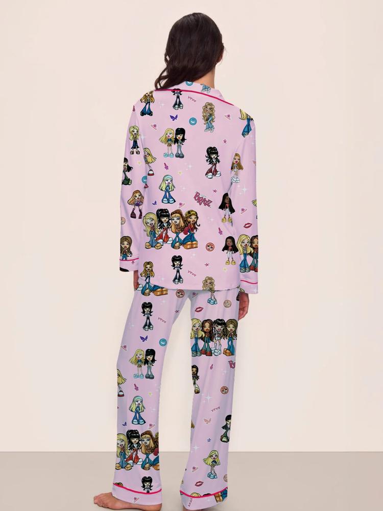 Y2K pajamas,doll pajamas,Autumn Winter Women's Pajamas Set, Cute Elegant Long Sleeve Top & Pants, Fitted Home Wear, All over Graphic Pattern, Moderate Fabric