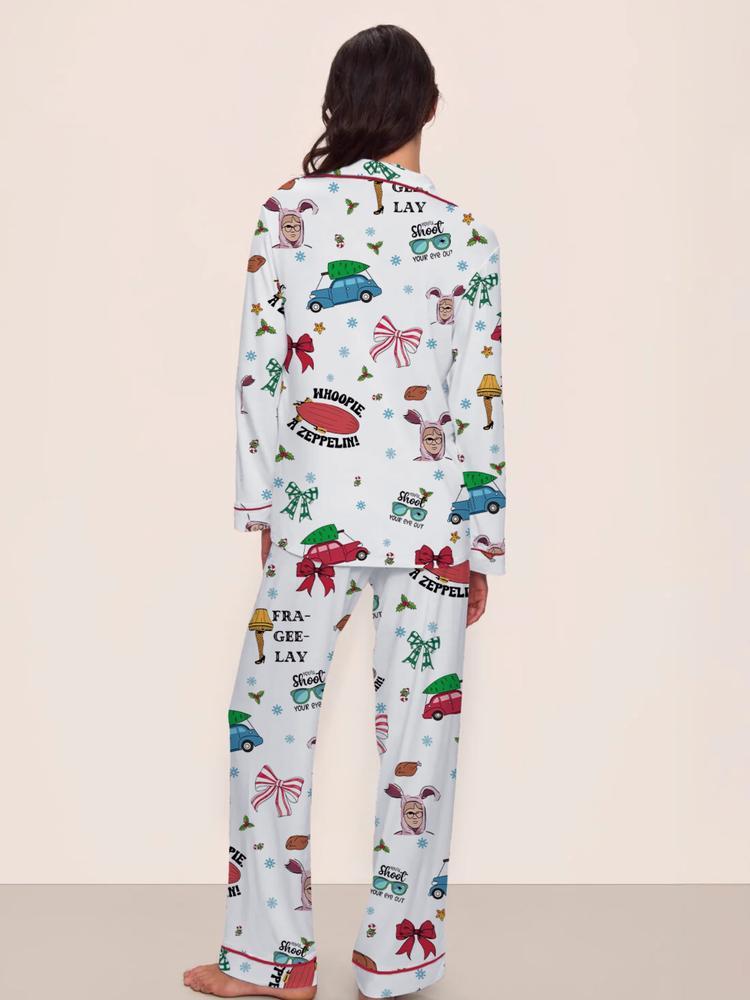 Women's Christmas Story Fall & Winter Sleepwear Set, Elegant Long Sleeve Pajamas, Colorblock Two-Piece, Fitted Home Wear