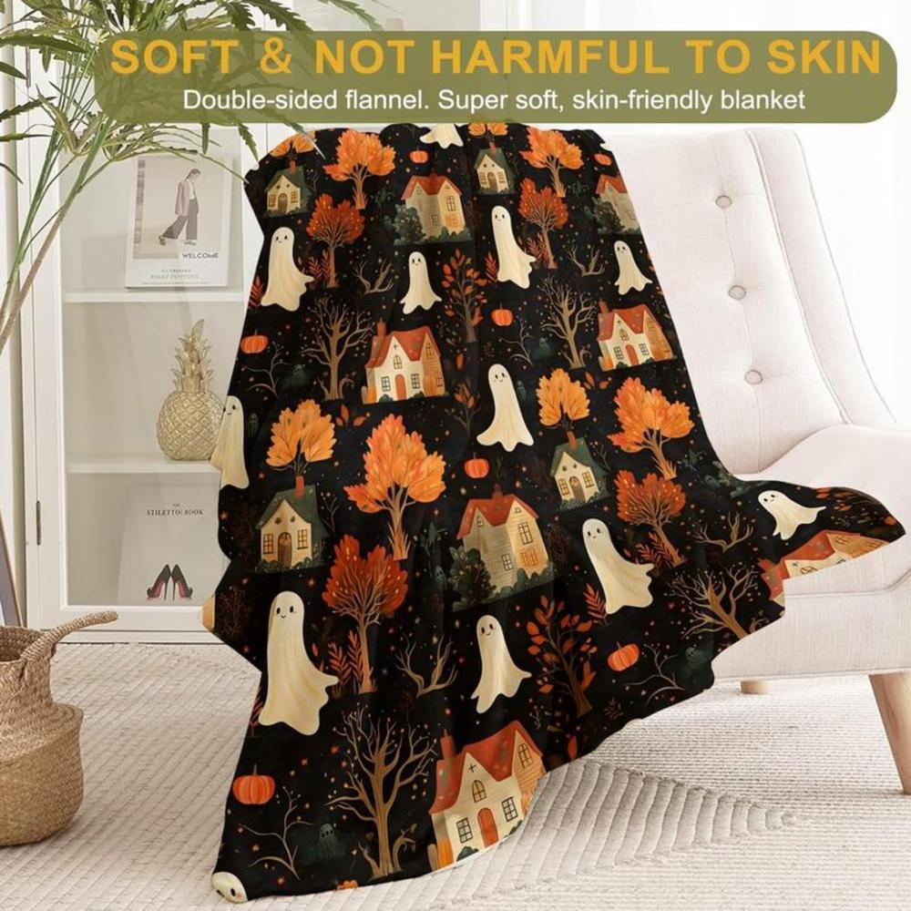 Soft Funny Throw Blanket Spooky Ghost Village Flannel Blanket Cute With Autumn Trees,And Houses Throw Cozy Gifts Balnkets For Halloween Decor,Fall Lovers,Kids,Women,Festive Home Accents
