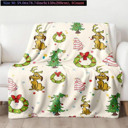 Grinch Max Christmas Flannel Blanket, Trees & Wreaths Design, Background, Soft Warm Festive Throw for Sofa Bed Holiday Decor