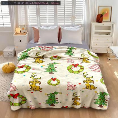 Grinch Max Christmas Flannel Blanket, Trees & Wreaths Design, Background, Soft Warm Festive Throw for Sofa Bed Holiday Decor
