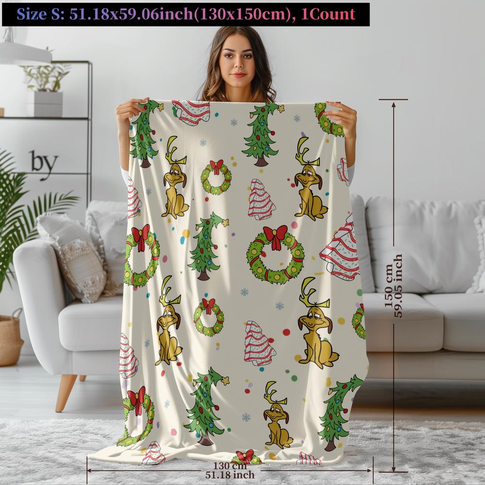 Grinch Max Christmas Flannel Blanket, Trees & Wreaths Design, Background, Soft Warm Festive Throw for Sofa Bed Holiday Decor