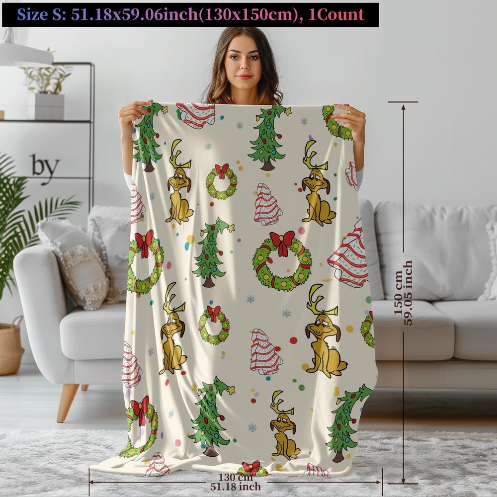 Grinch Max Christmas Flannel Blanket, Trees & Wreaths Design, Background, Soft Warm Festive Throw for Sofa Bed Holiday Decor