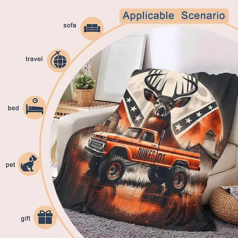 Truck & Deer Pattern Throw Blanket – Soft, Warm & Cozy for Home and Office