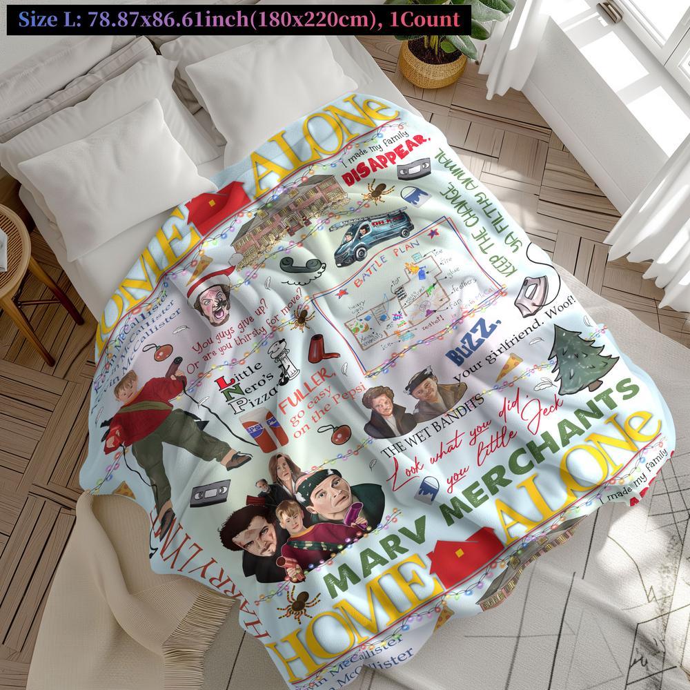 Home Alone themed Christmas blanket featuring Kevin, Wet Bandits, pizza, battle plan, and iconic quotes. Cozy, soft, and festive, perfect for holiday décor, movie nights, or as a fun Christmas gift for family, friends, and fans of the classic film.