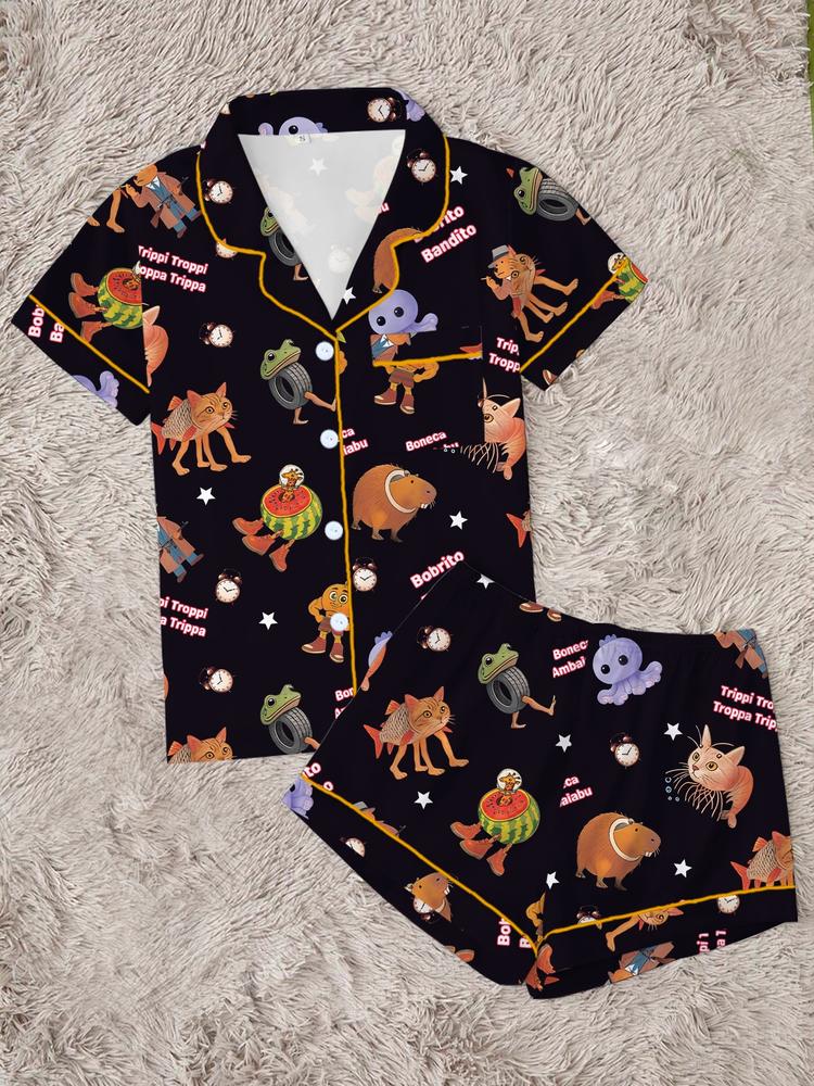 brain rot Teen Boys' Sleepwear Set, Fun Game Night, Role-Playing Party Wear, Cartoon Pattern Home Clothes, Cartoon Print Pajama, birthday&Christmas gifts,