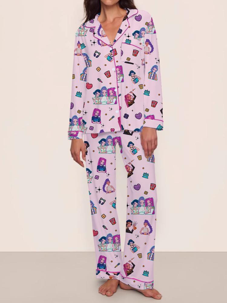 Women's Kpop Demon Hunter Tiger Sleepwear Set, Long Sleeve Button-up Top & Pants, Casual Home Wear, Netflix Fan Gift, Loungewear