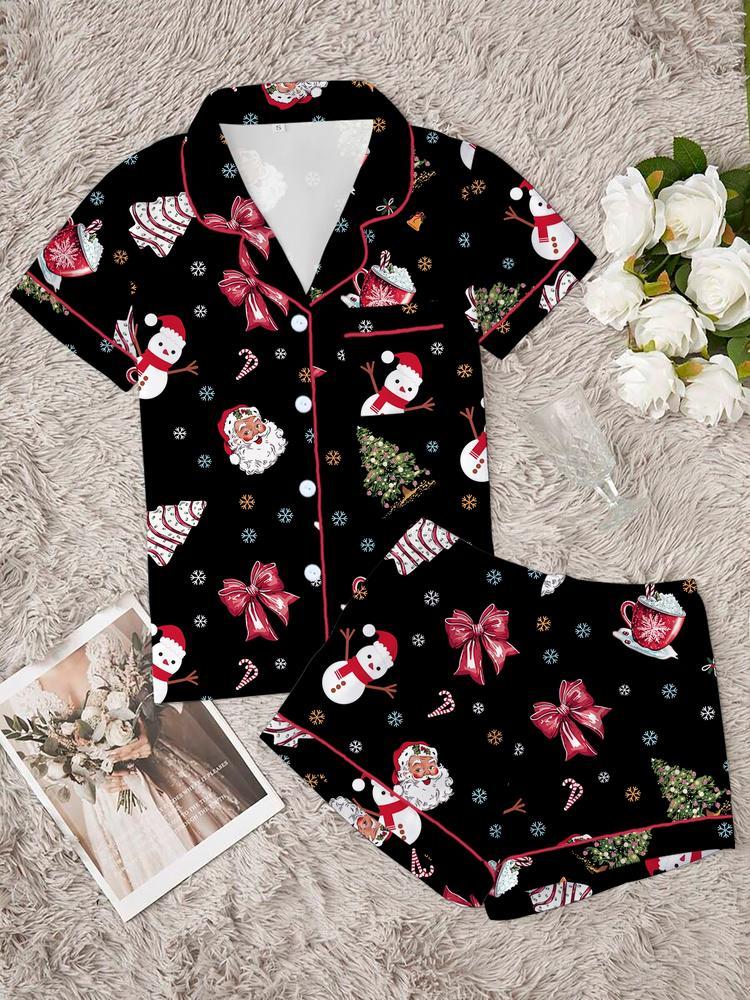 Women's Christmas Pajama Set Two-Piece Sleepwear Short Sleeve Button-U
