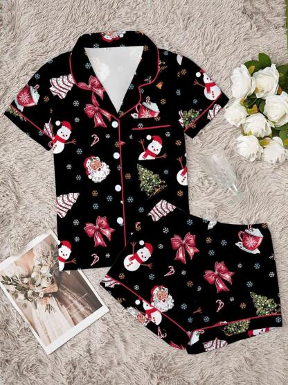 Women's Christmas Pajama Set Two-Piece Sleepwear Short Sleeve Button-Up Top & Shorts Casual Home Wear Comfortable Party