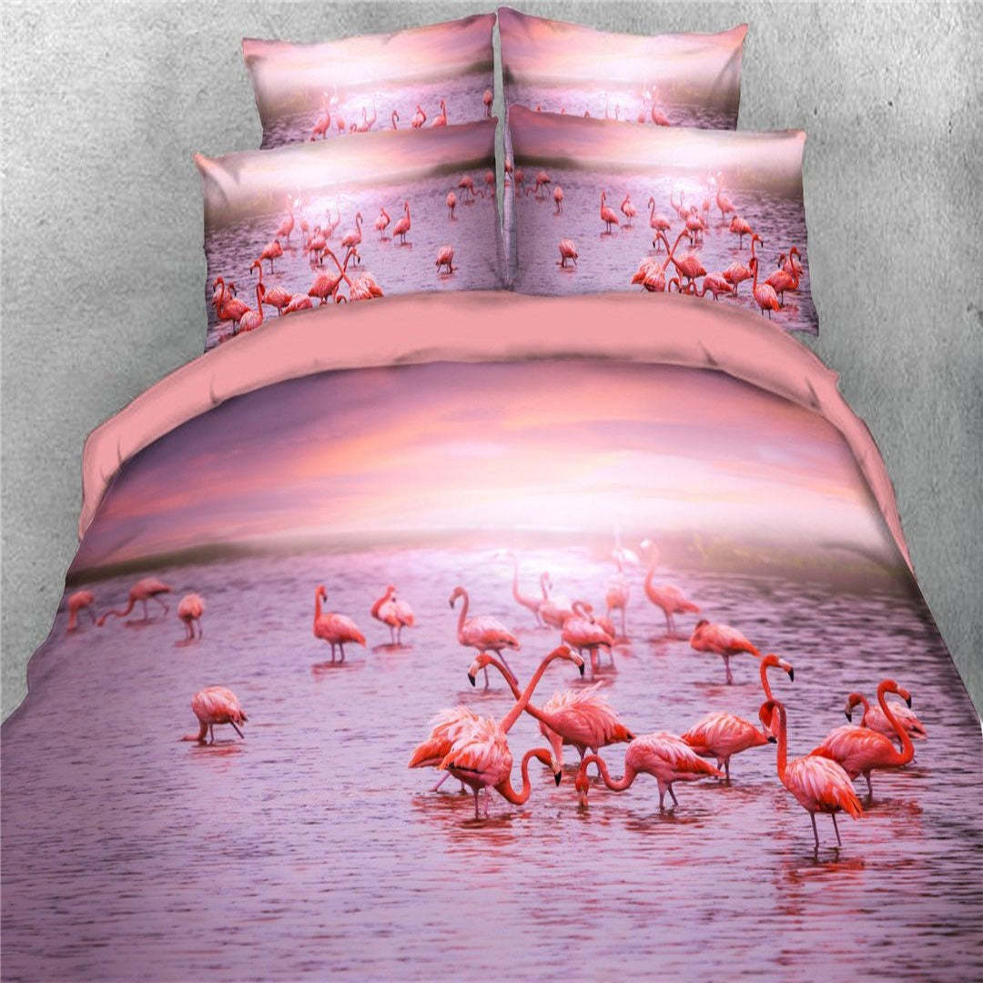 Tropical Bird Theme Bedding, Pink Flamingo Printed 4-Piece Duvet Cover