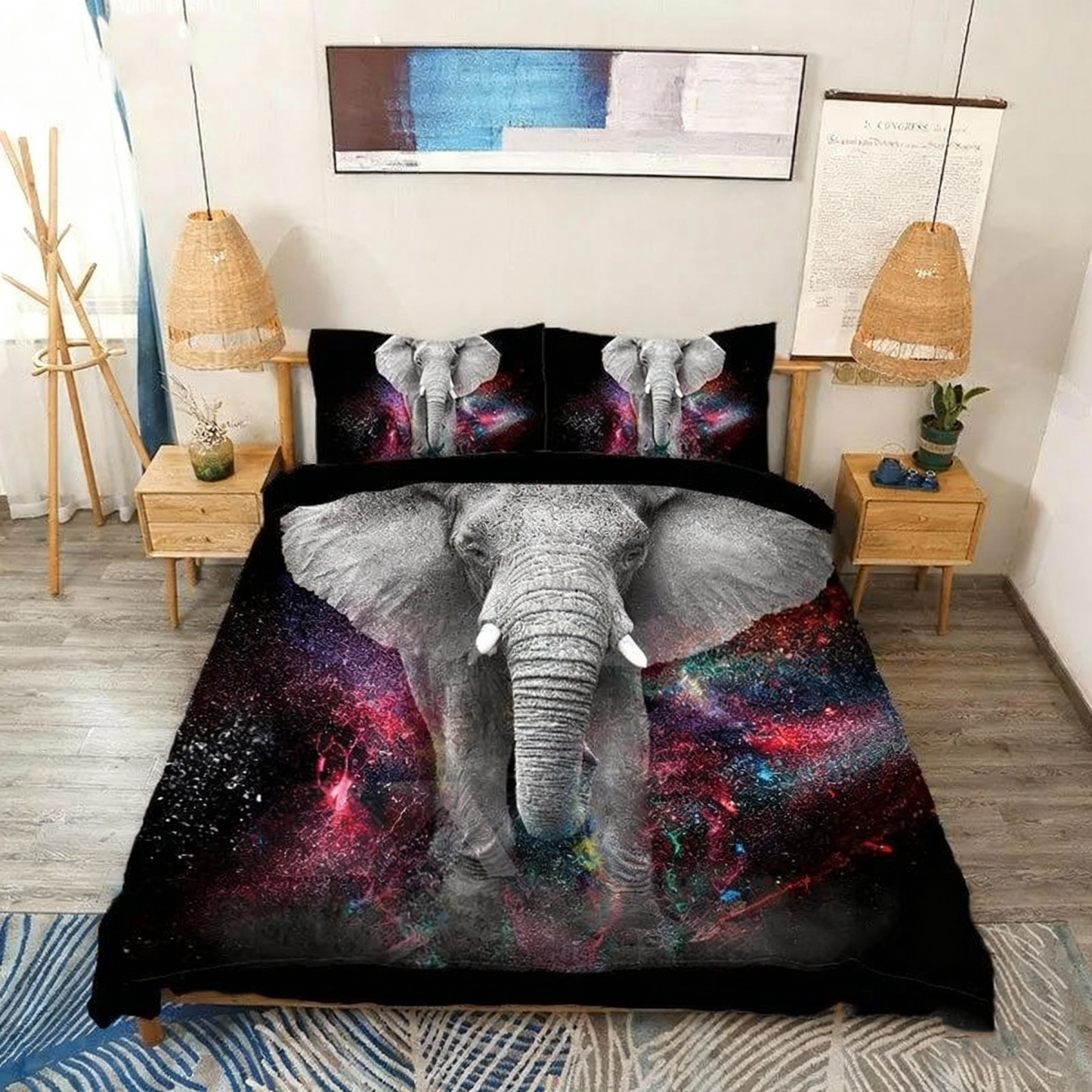 Elephant Galaxy Duvet Cover Set 3D Animal Print 4-Piece Bedding Set Bl
