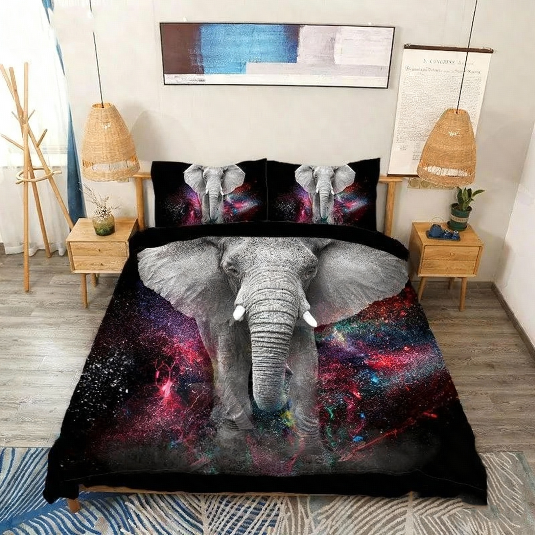 Elephant Galaxy Duvet Cover Set 3D Animal Print 4-Piece Bedding Set Bl