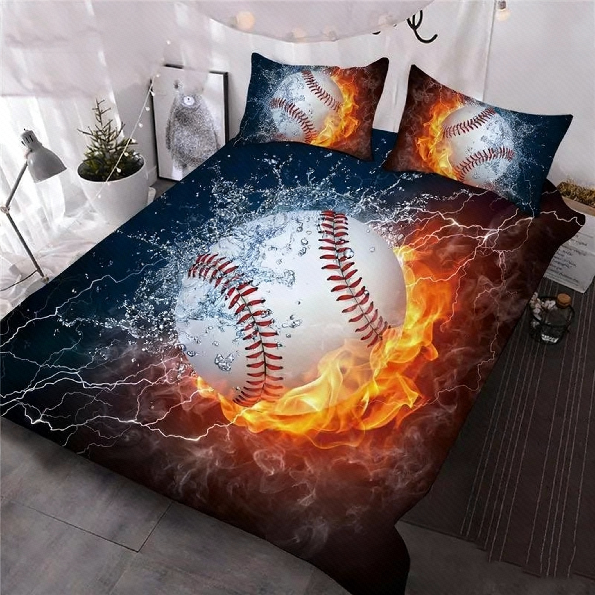 Baseball with Fire and Water Printed 3-Piece 3D Comforter Set/Bedding Set