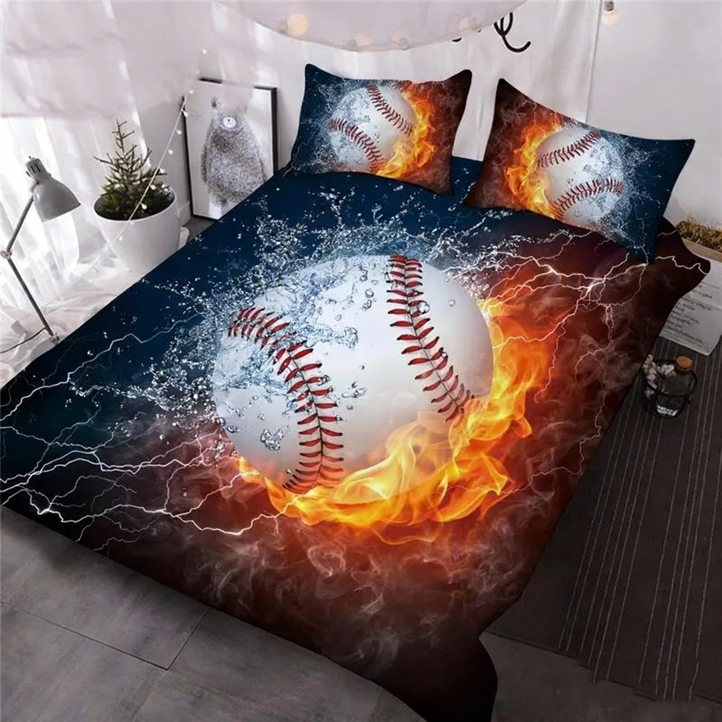 Baseball with Fire and Water Printed 3-Piece 3D Comforter Set/Bedding 