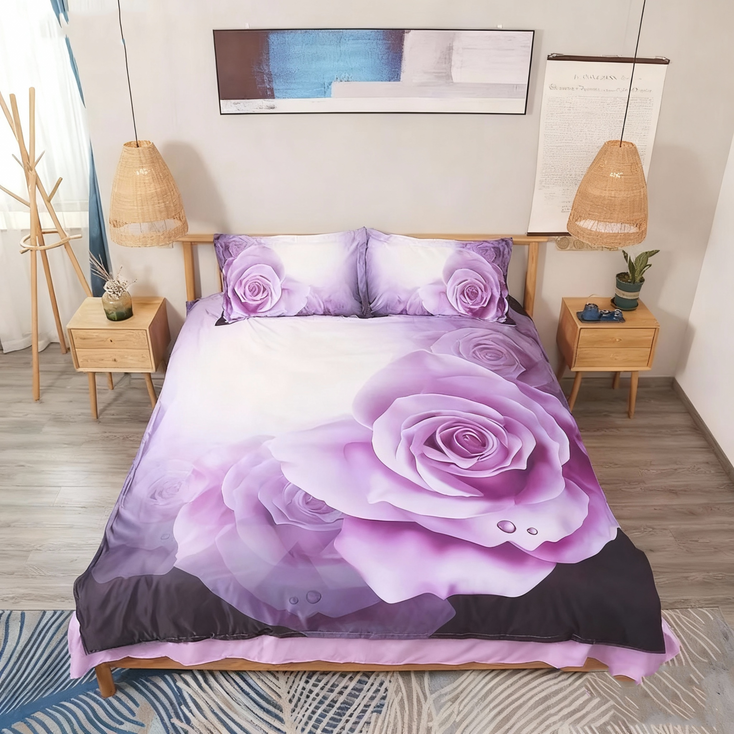 Dewy Purple Roses Printed 4-Piece 3D Floral Bedding Set/Duvet Cover Se