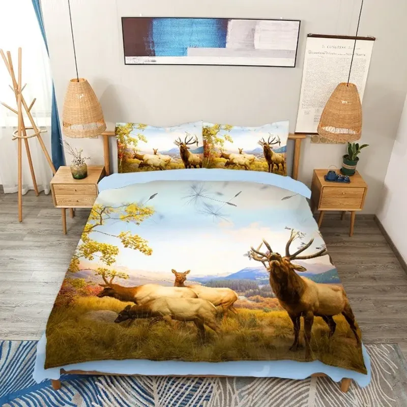 Elk Family On the Autumn Grassland Printed 3D 4-Piece Animal Print Bed