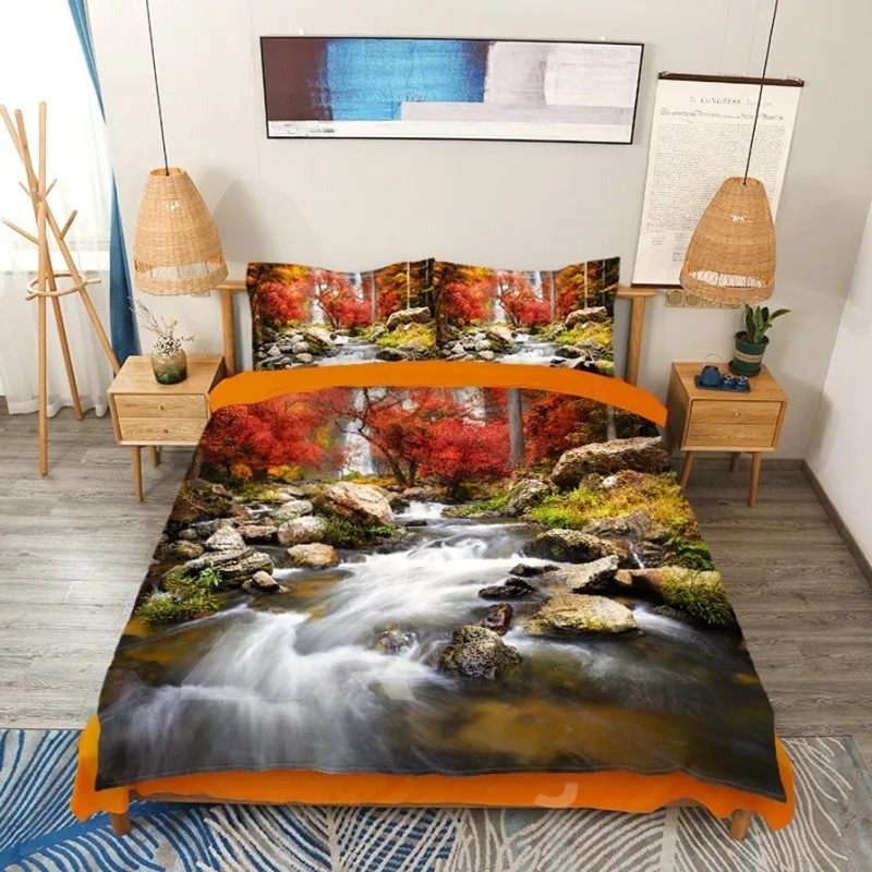 Natural Landscape 3D Autumn Creek Duvet Cover Set 4-Piece Scenery Bedd