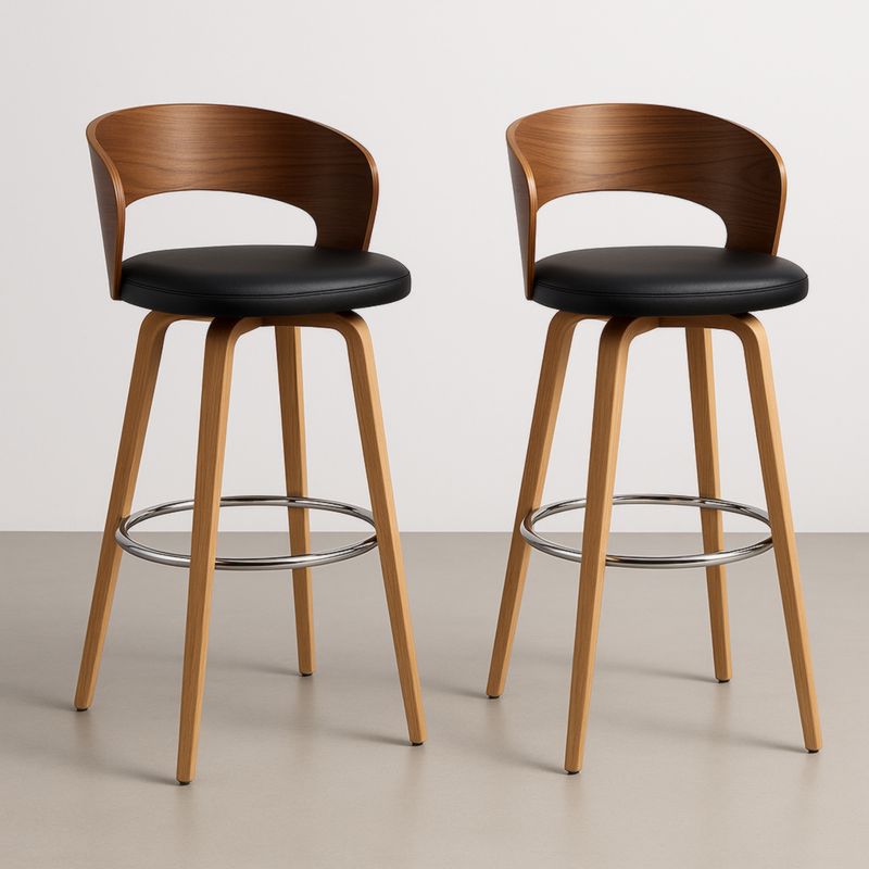 Set van 2 barkrukken met gebogen rugleuning hout en zwart PU leer zitting 102cm-Aurorafeliz