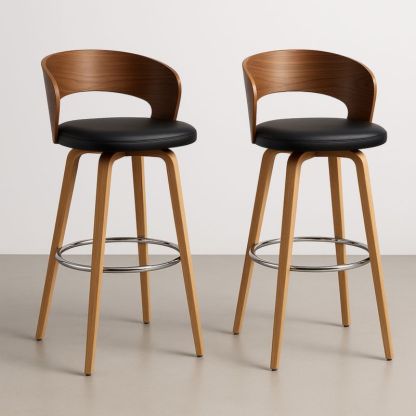 Set van 2 barkrukken met gebogen rugleuning hout en zwart PU leer zitting 102cm-Aurorafeliz