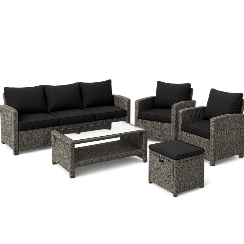 Tuinmeubelset Wicker Met Kussen Vierkant Glas Tafel Grijs/Zwart-Aurorafeliz