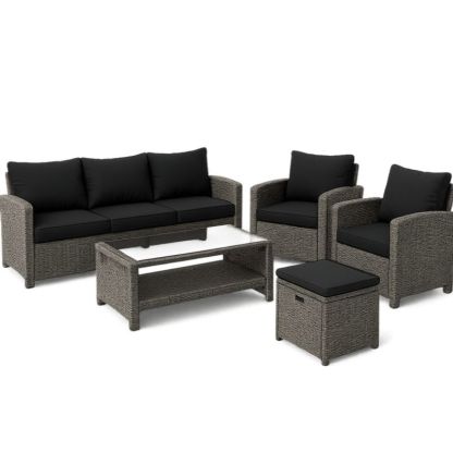 Tuinmeubelset Wicker Met Kussen Vierkant Glas Tafel Grijs/Zwart-Aurorafeliz