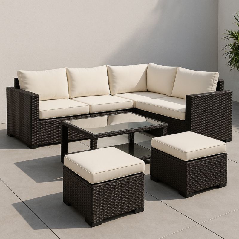 Tuinmeubelset hoekbank en tafel poly rattan gehard glas 6-persoons crèmewit/bruin-Aurorafeliz