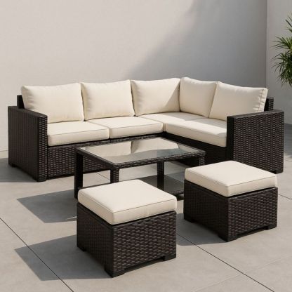 Tuinmeubelset hoekbank en tafel poly rattan gehard glas 6-persoons crèmewit/bruin-Aurorafeliz