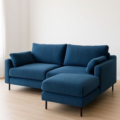 Blauwe ribfluweel hoekbank met metalen poten 230x150x80 cm-Aurorafeliz