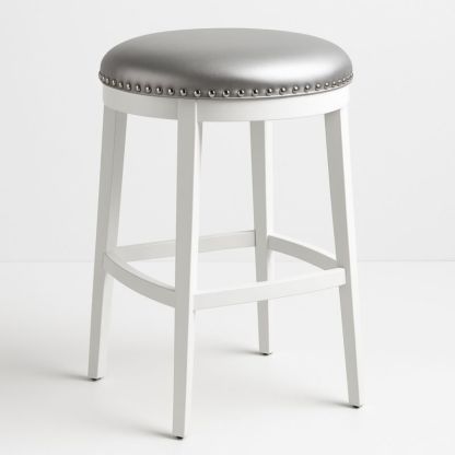 Ronde Barkruk PU-leer Zitting Hout Kader 75cm Zilver/Wit-Aurorafeliz