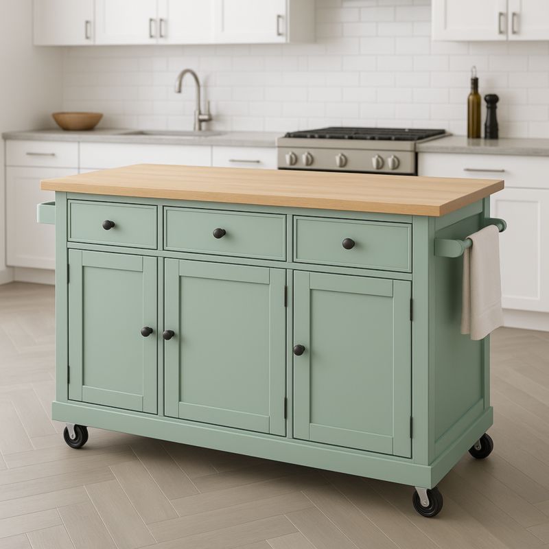 Keukeneiland op wielen met houten werkblad mintgroen 140x70x90 cm-Aurorafeliz