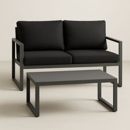 Tweepersoons loungebank en salontafel set aluminium polyester 120 cm zwart-Aurorafeliz